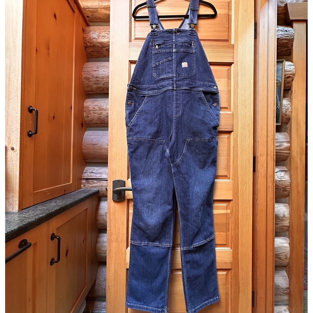 Carhartt DR4044 Overalls Womens Large Blue Denim Double 12-14 Tall Relaxed FLAW!